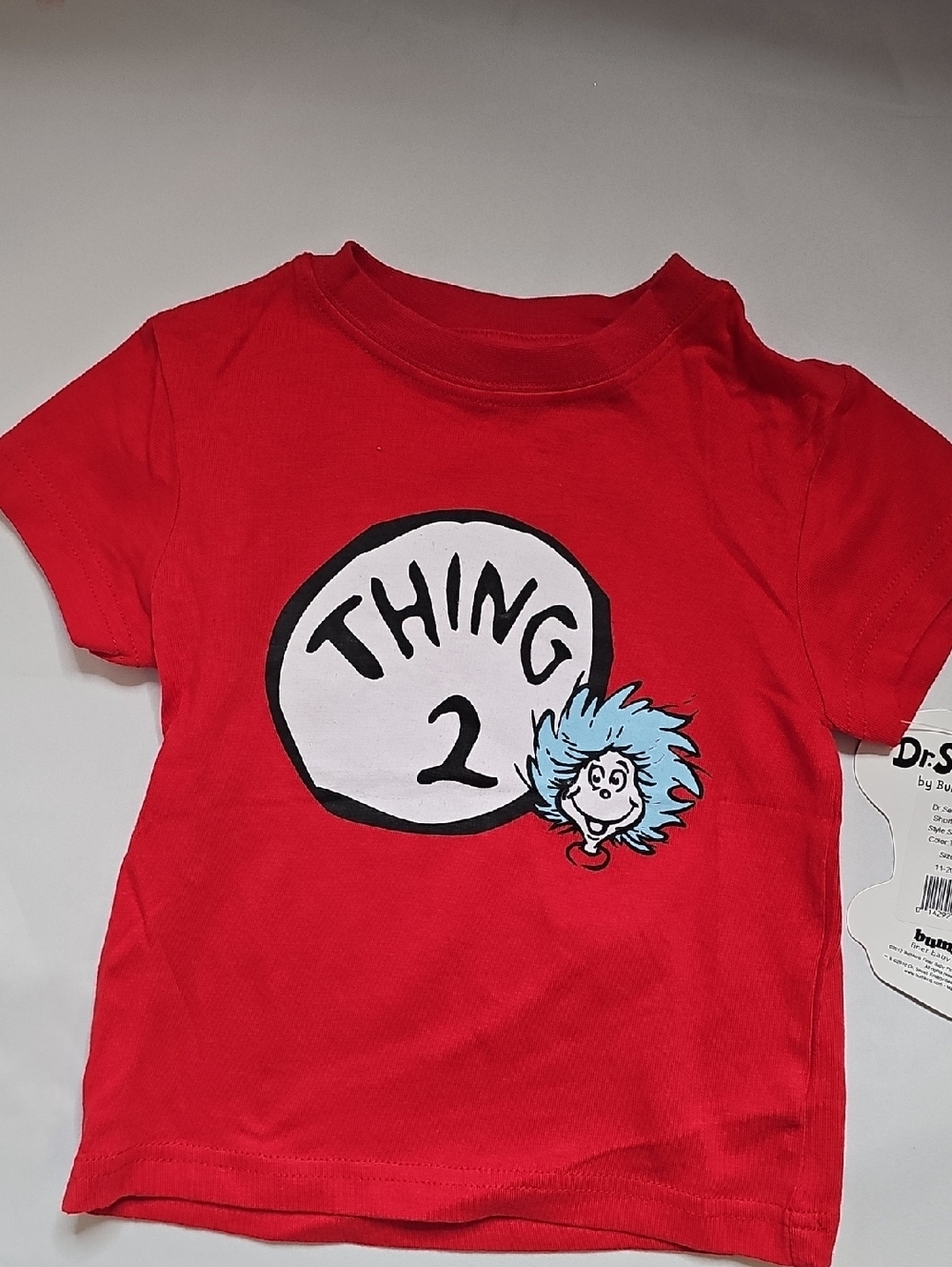 Cute Playful Dr. Seuss Red Kids 'Thing 2' Graphic Tee with Light Blue Accent